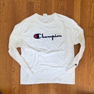 Champion White Long Sleeve Shirt with Navy & Red Logo